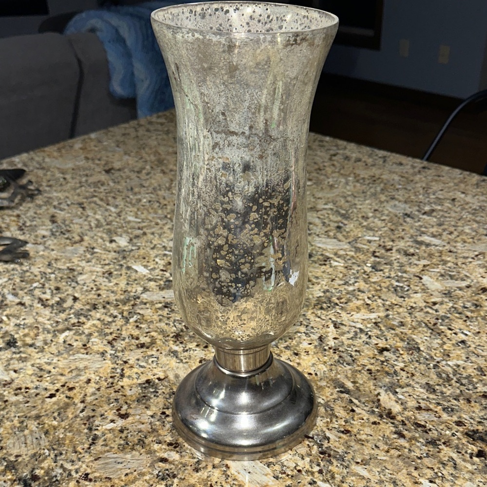 Elegant Silver Mercury Glass fluted Vase with metal pedestal base